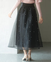 パール付きオーガンジー生地フレアスカートsdp0233 ブラック