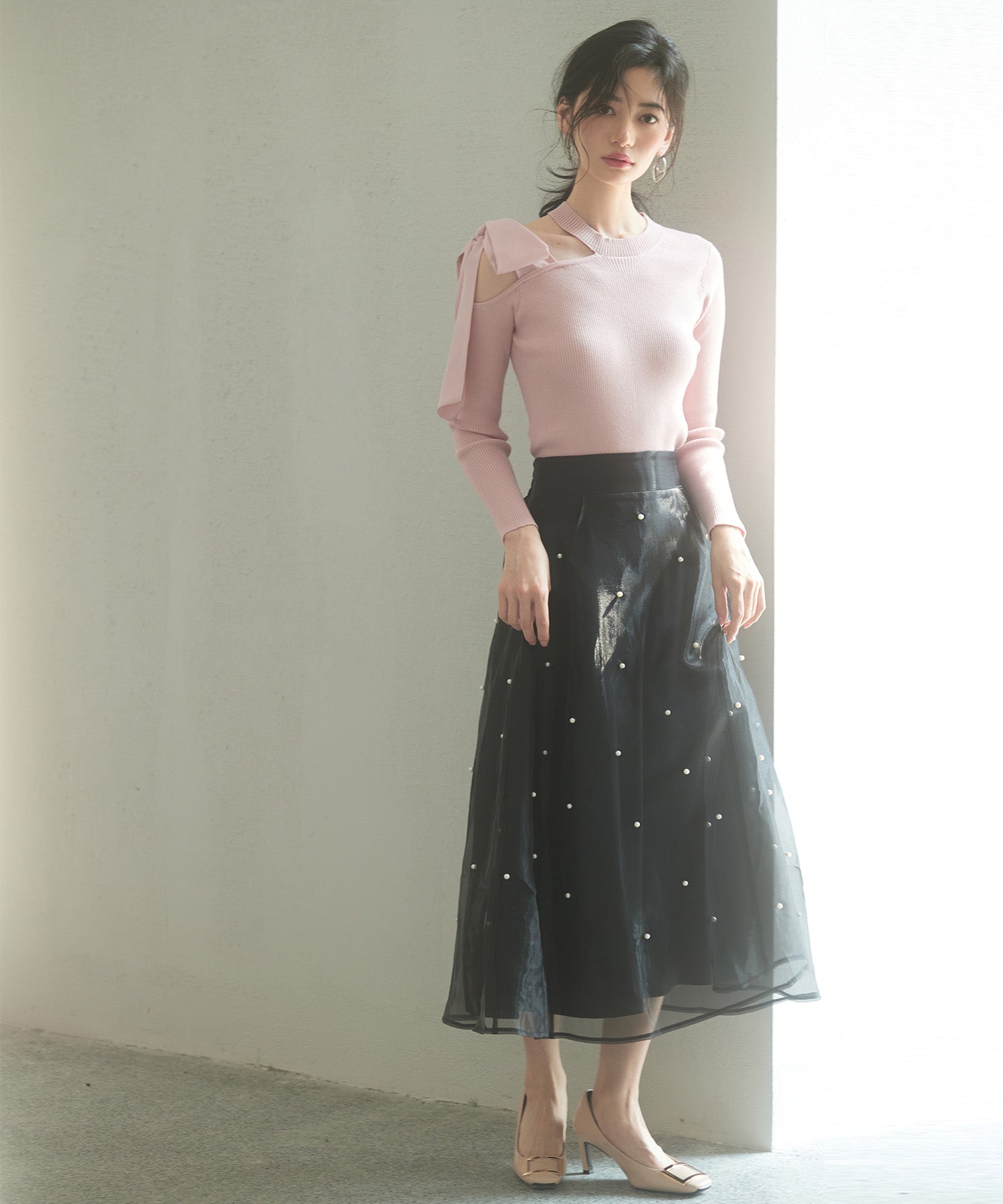 パール付きオーガンジー生地フレアスカートsdp0233 ブラック