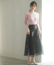 パール付きオーガンジー生地フレアスカートsdp0233 ブラック