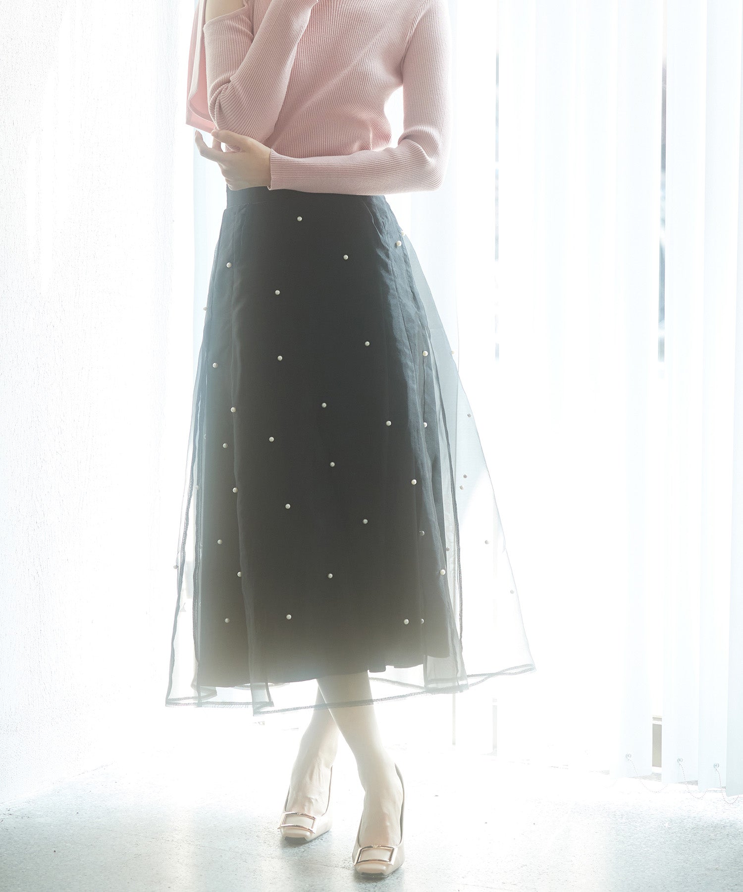 パール付きオーガンジー生地フレアスカートsdp0233 ブラック