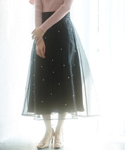 パール付きオーガンジー生地フレアスカートsdp0233 ブラック