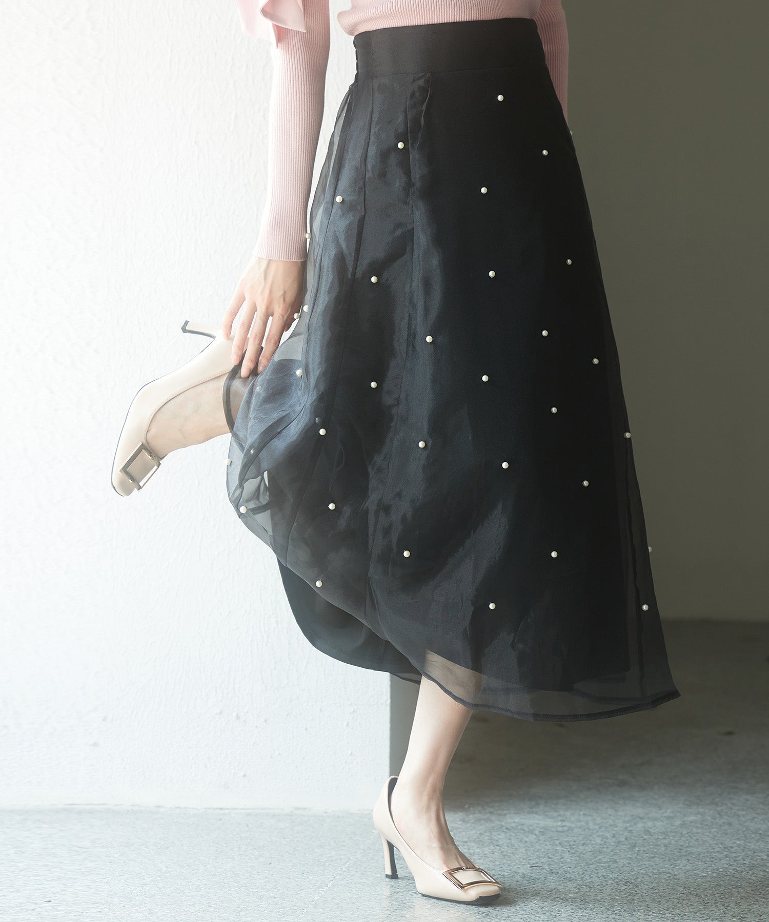 パール付きオーガンジー生地フレアスカートsdp0233 ブラック