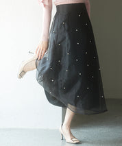 パール付きオーガンジー生地フレアスカートsdp0233 ブラック