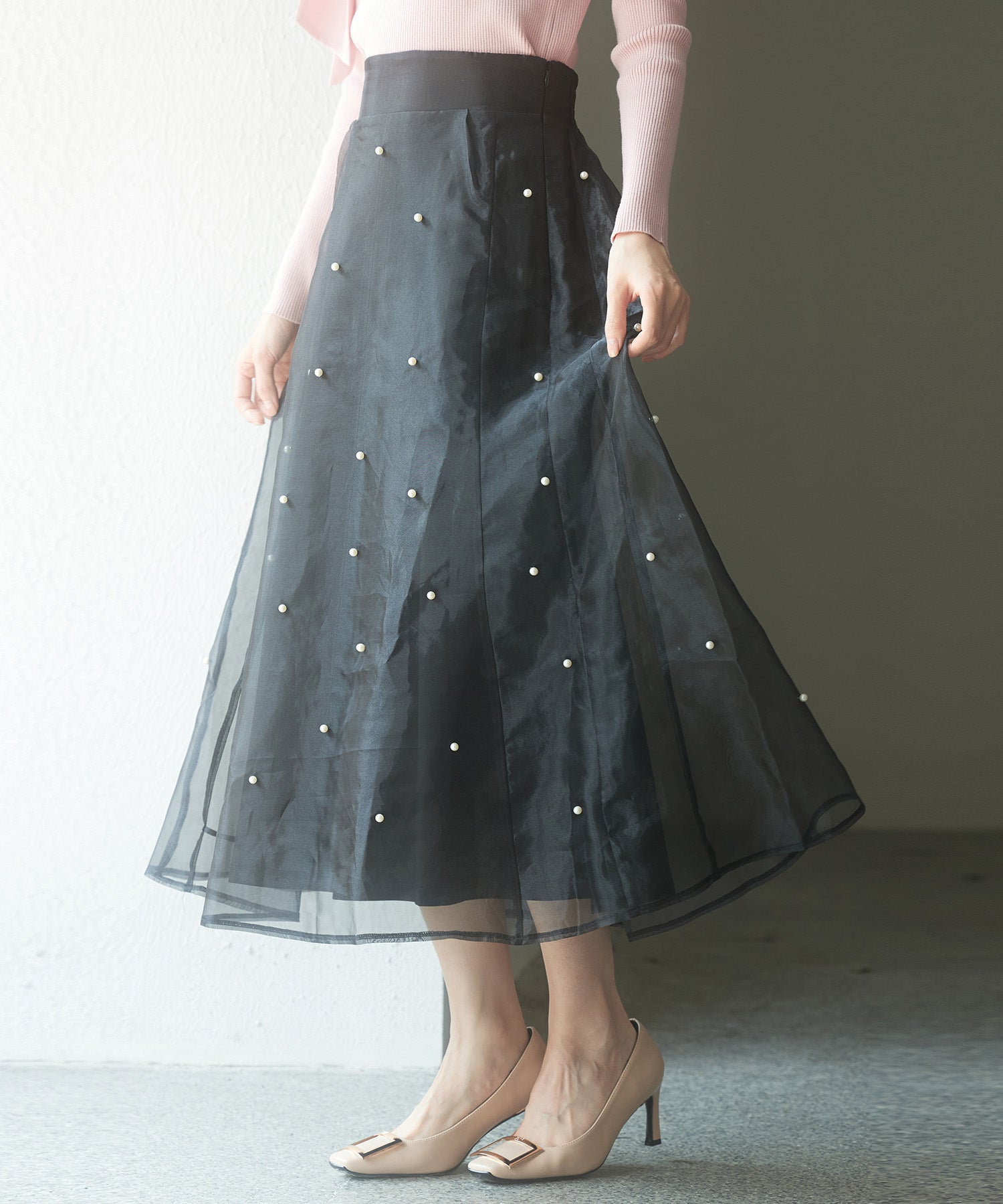 パール付きオーガンジー生地フレアスカートsdp0233 ブラック