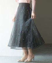 パール付きオーガンジー生地フレアスカートsdp0233 ブラック