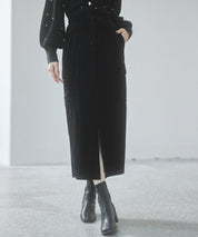 ペロア生地センタースリットカーゴスカートsdp0236 ブラック