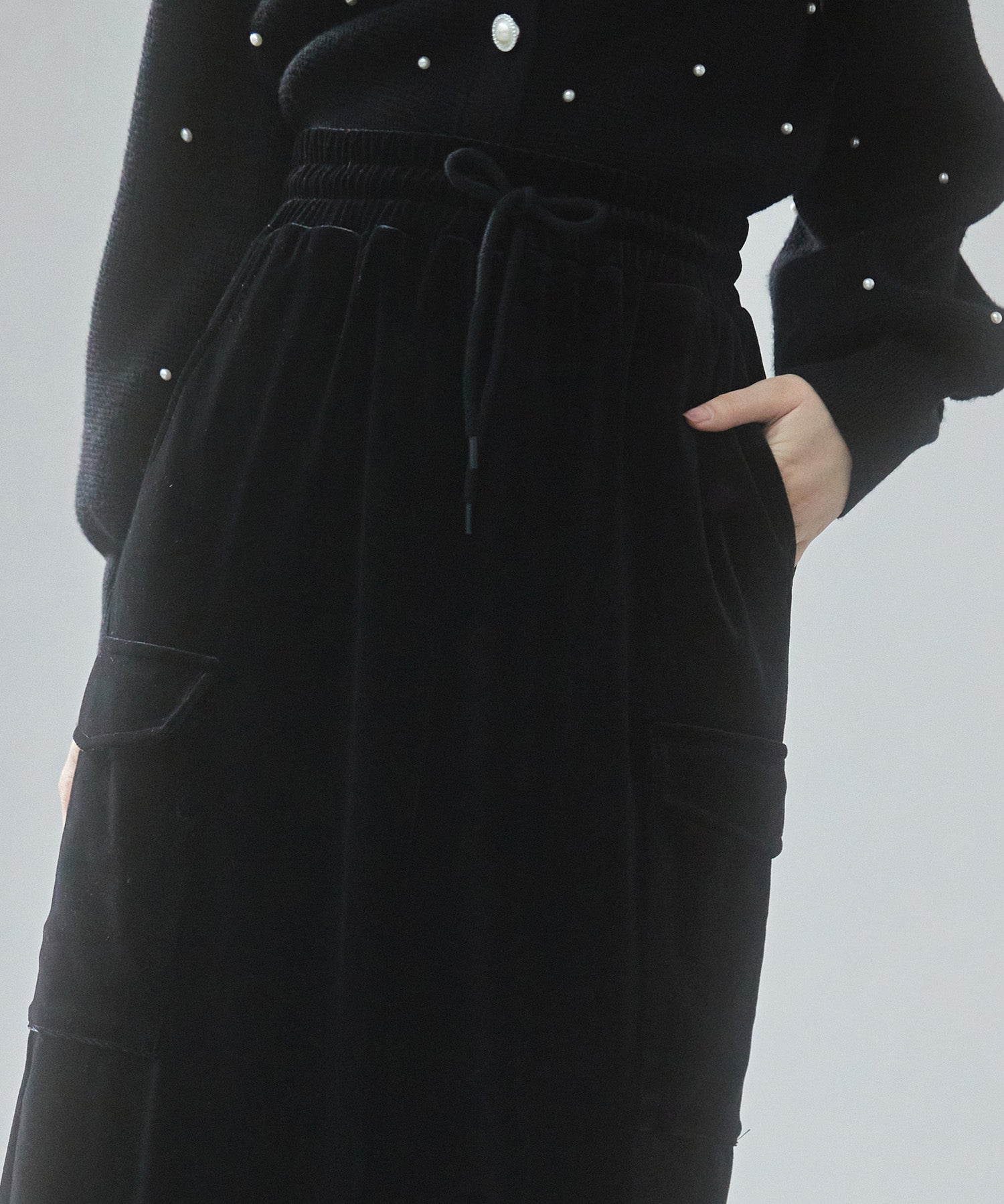 ペロア生地センタースリットカーゴスカートsdp0236 ブラック