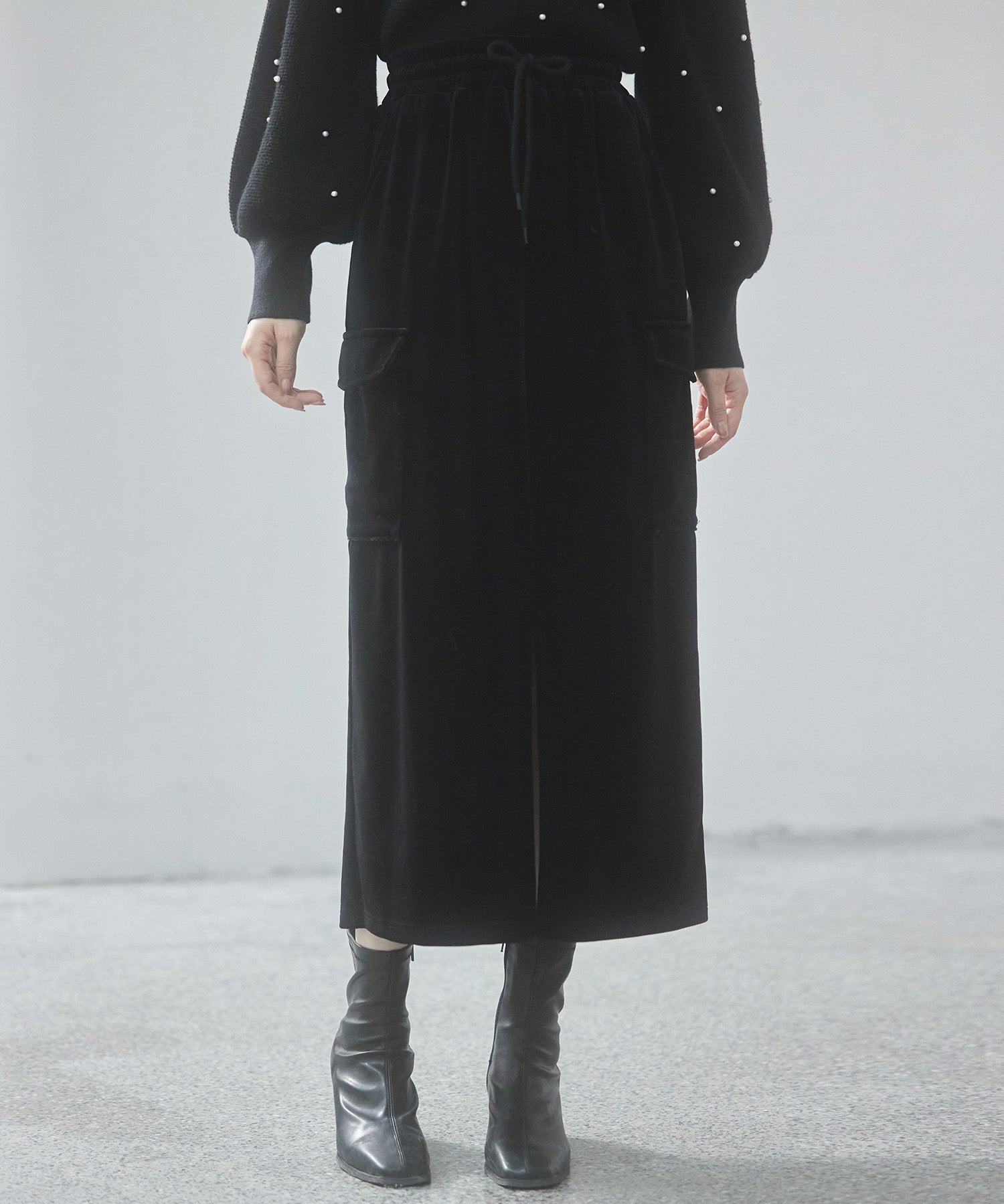 ペロア生地センタースリットカーゴスカートsdp0236 ブラック