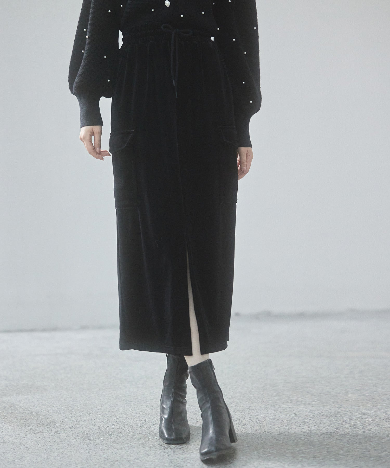 ペロア生地センタースリットカーゴスカートsdp0236 ブラック