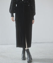 ペロア生地センタースリットカーゴスカートsdp0236 ブラック