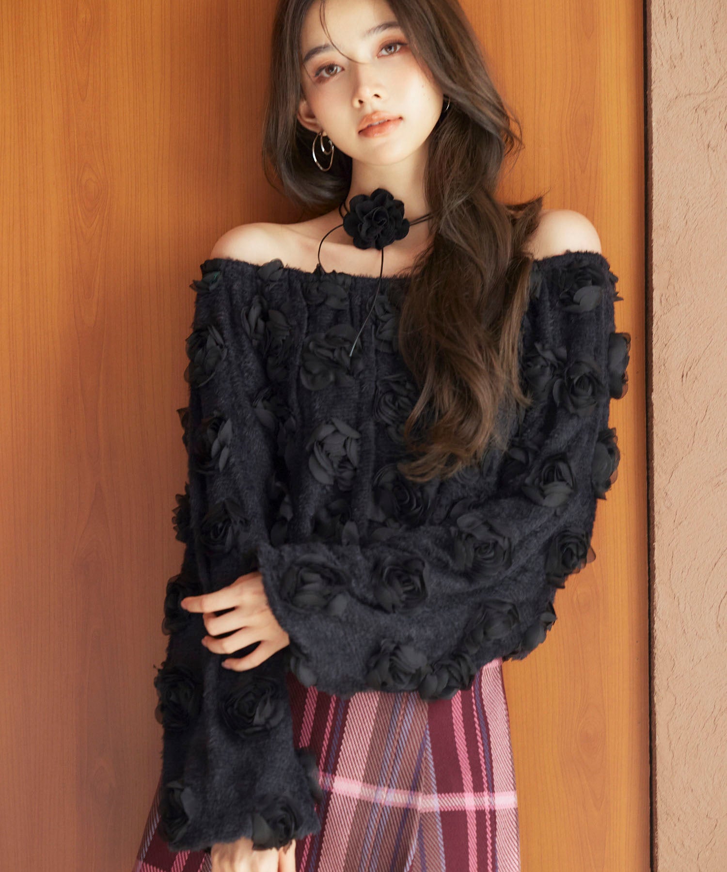 3Dローズフラワー2wayネックトップスsdp0242 ブラック