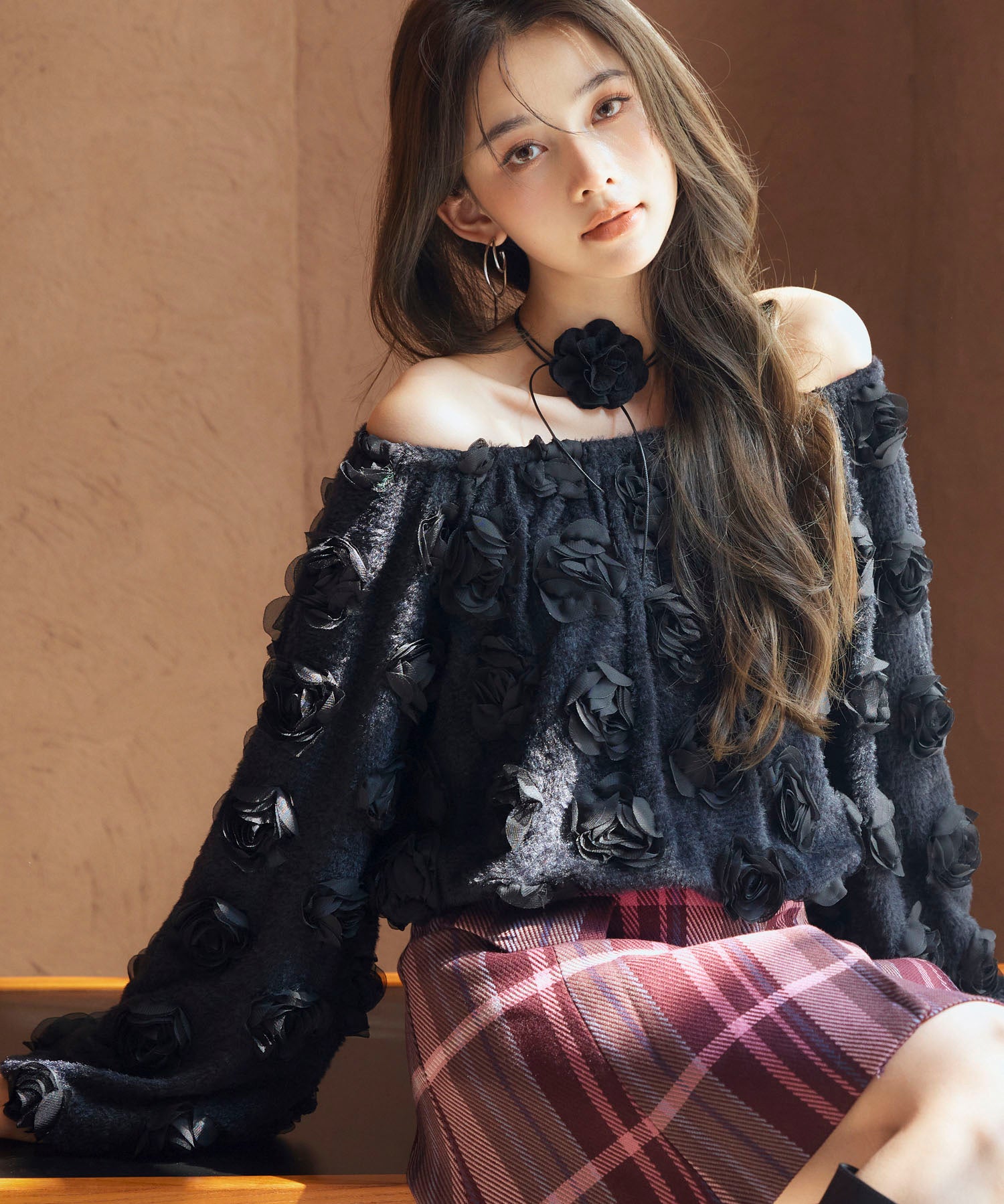 3Dローズフラワー2wayネックトップスsdp0242 ブラック