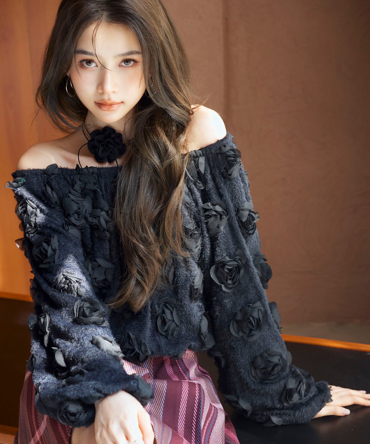 3Dローズフラワー2wayネックトップスsdp0242 ブラック