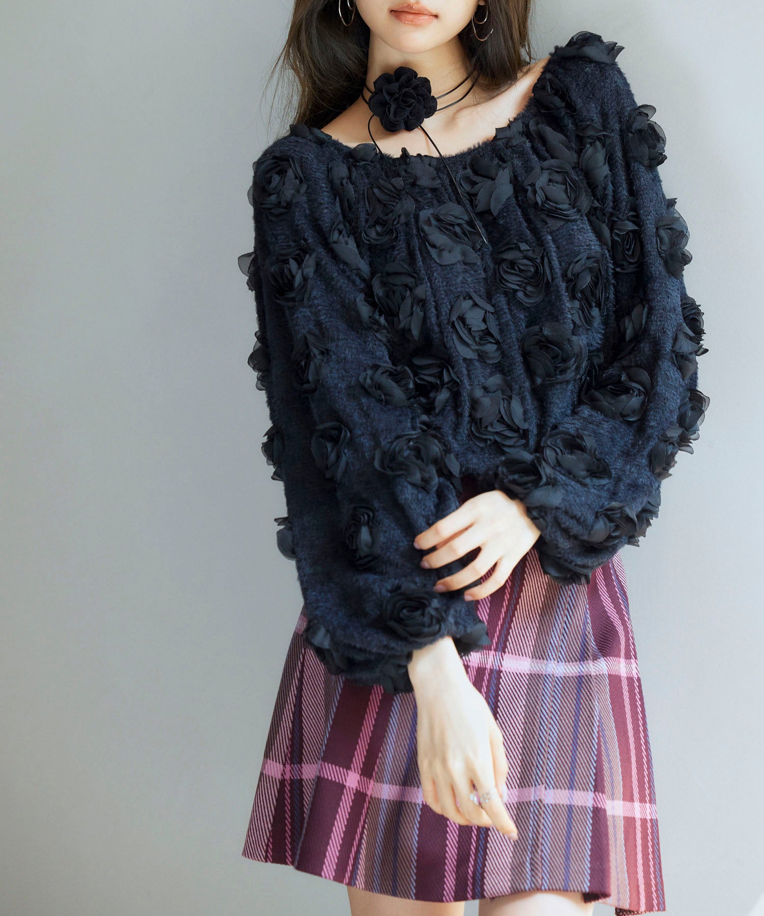 3Dローズフラワー2wayネックトップスsdp0242 ブラック