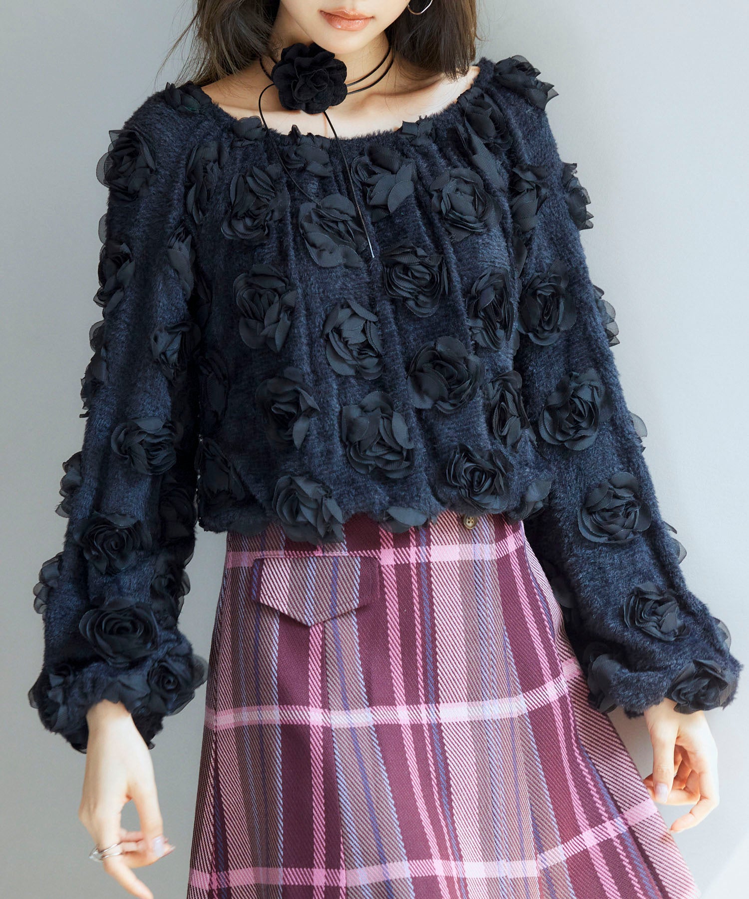 3Dローズフラワー2wayネックトップスsdp0242 ブラック