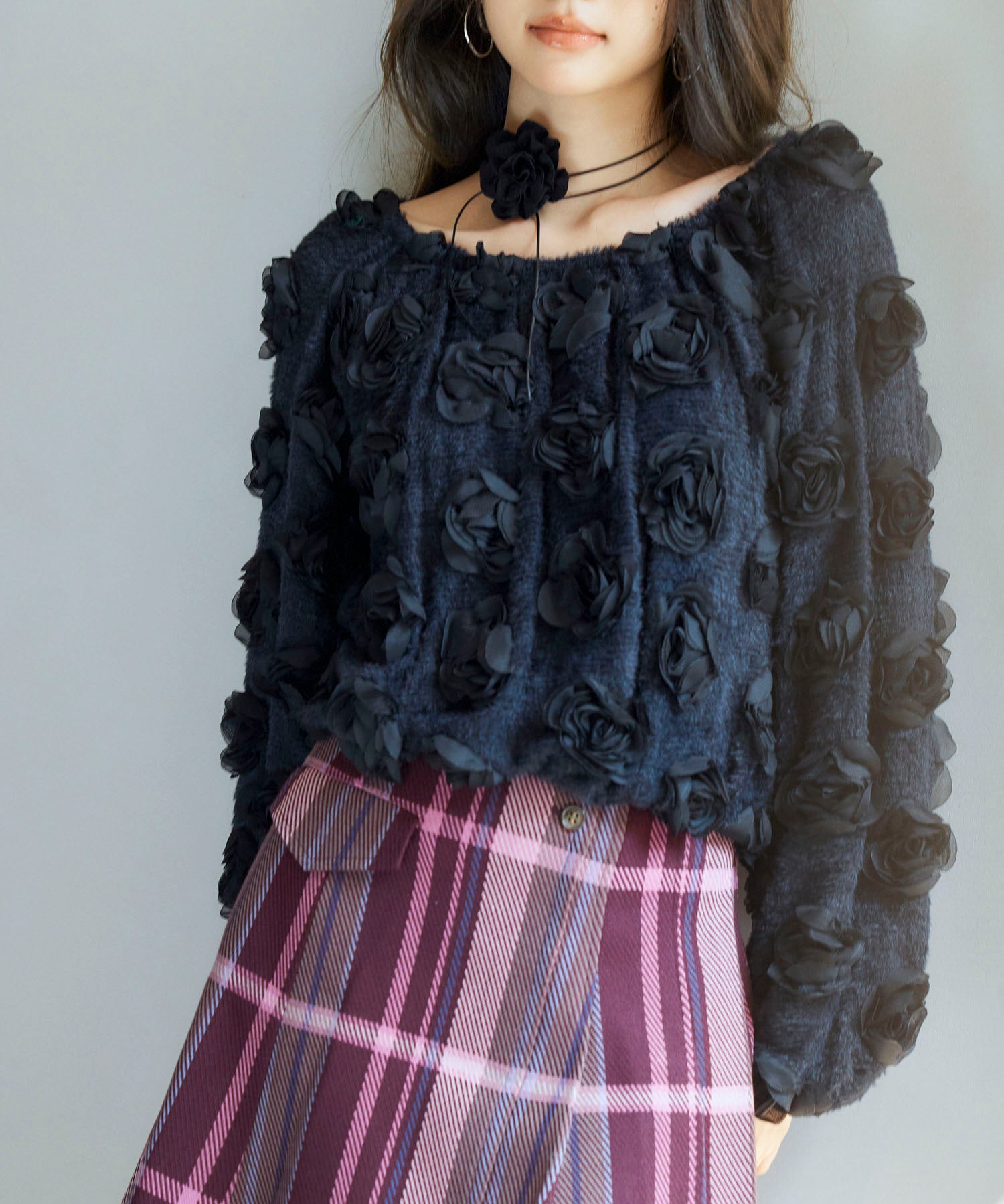 3Dローズフラワー2wayネックトップスsdp0242 ブラック