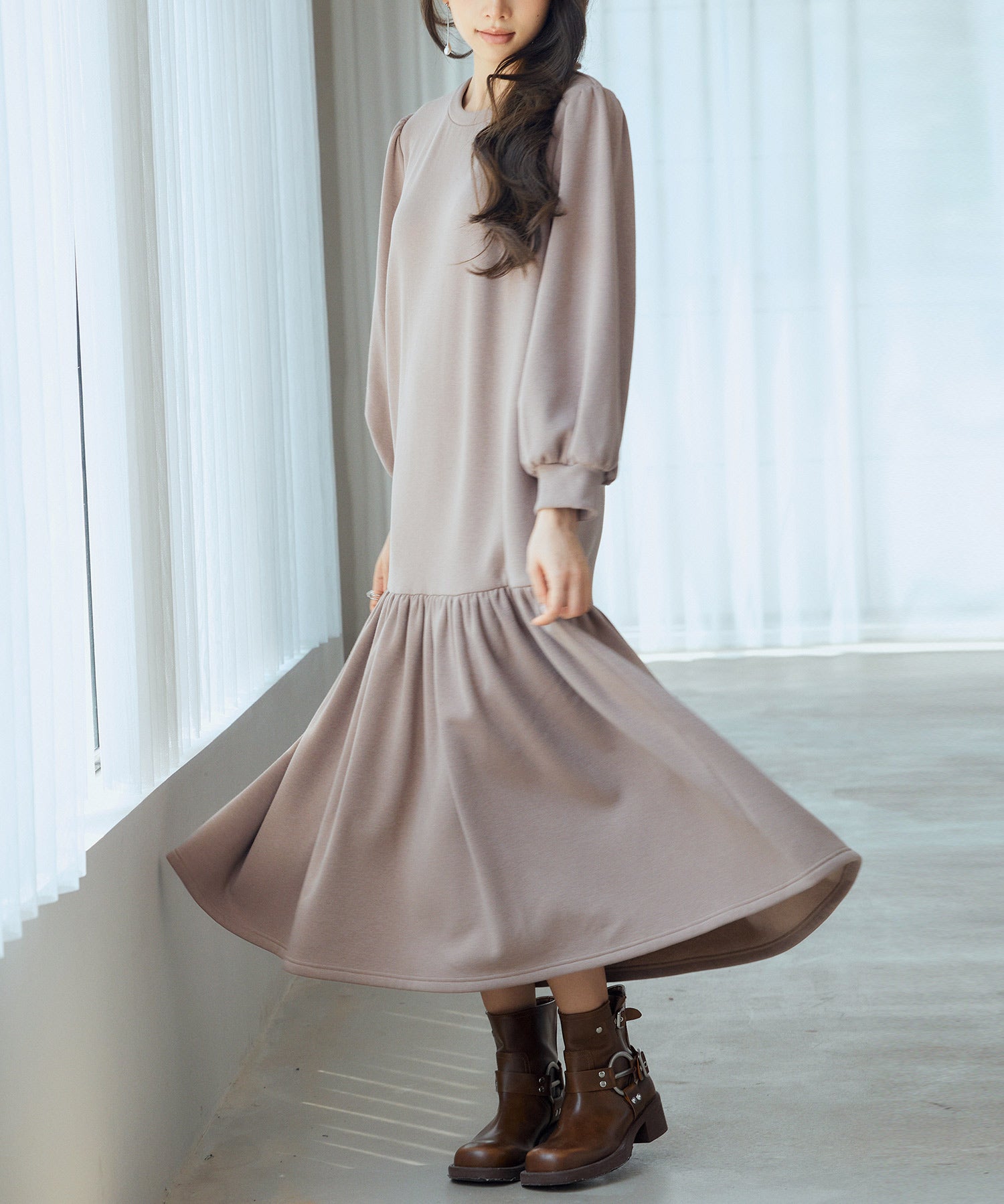 裏起毛カットソーギャザーワンピースsdp0245 ブラウン