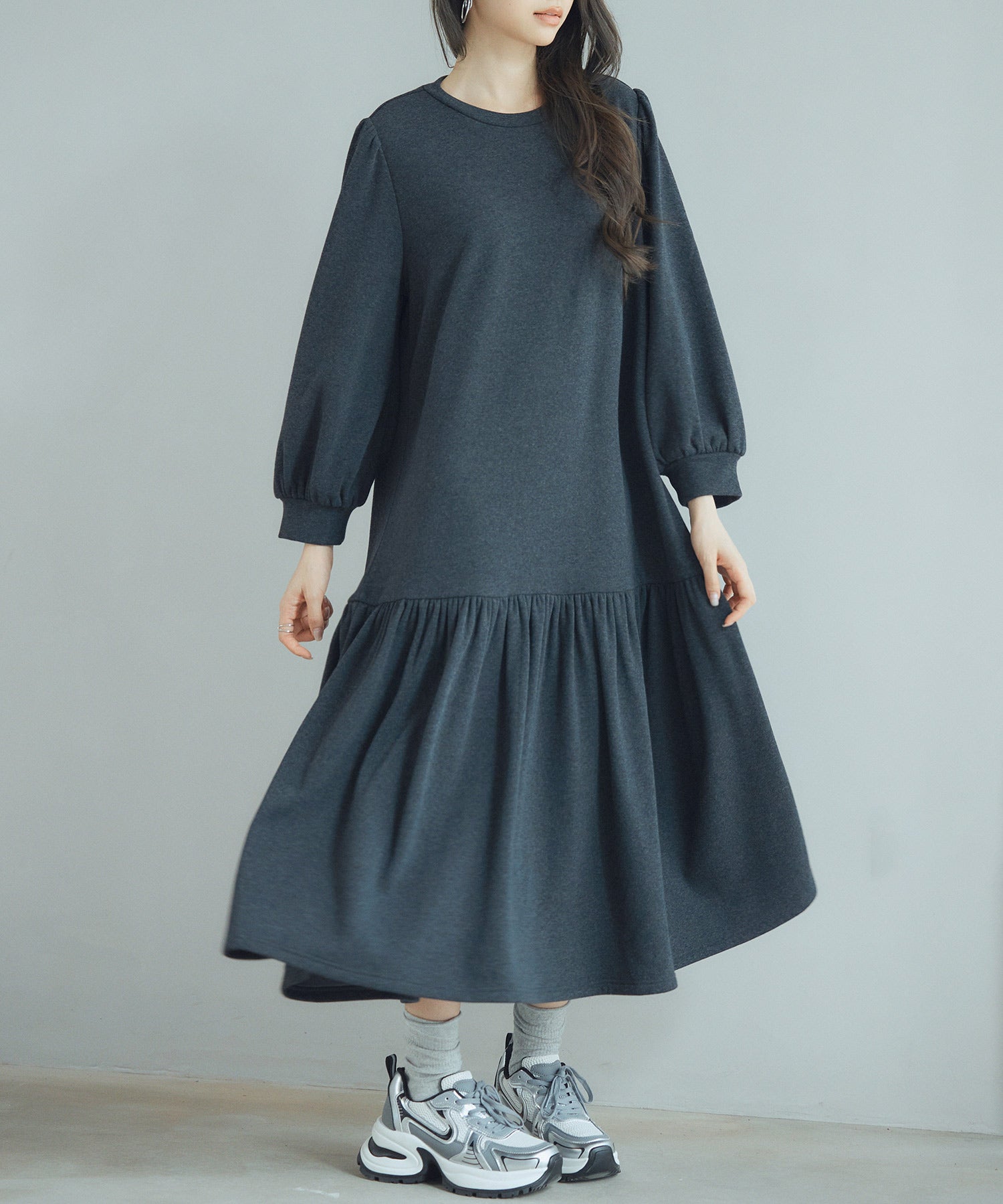 裏起毛カットソーギャザーワンピースsdp0245 チャコール