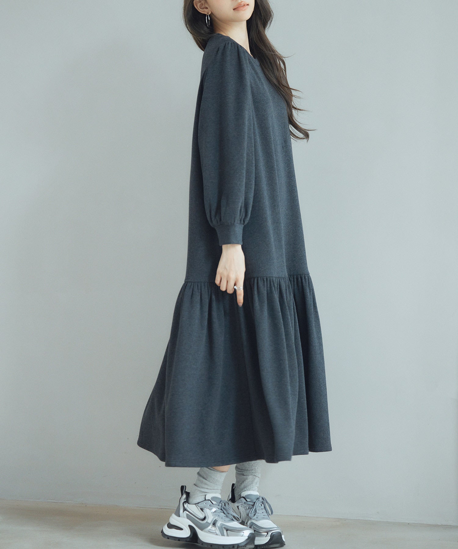裏起毛カットソーギャザーワンピースsdp0245 チャコール