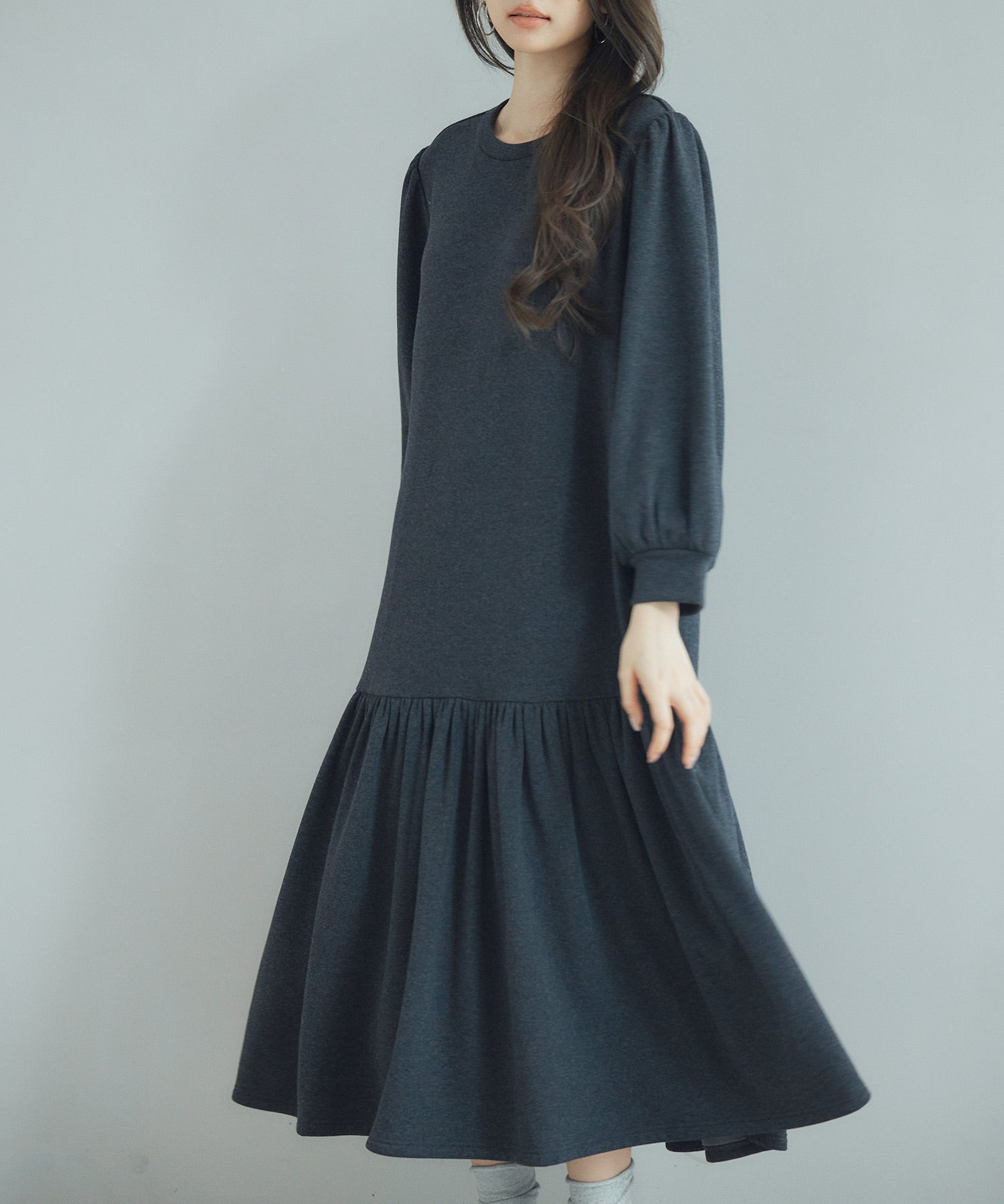 裏起毛カットソーギャザーワンピースsdp0245 チャコール