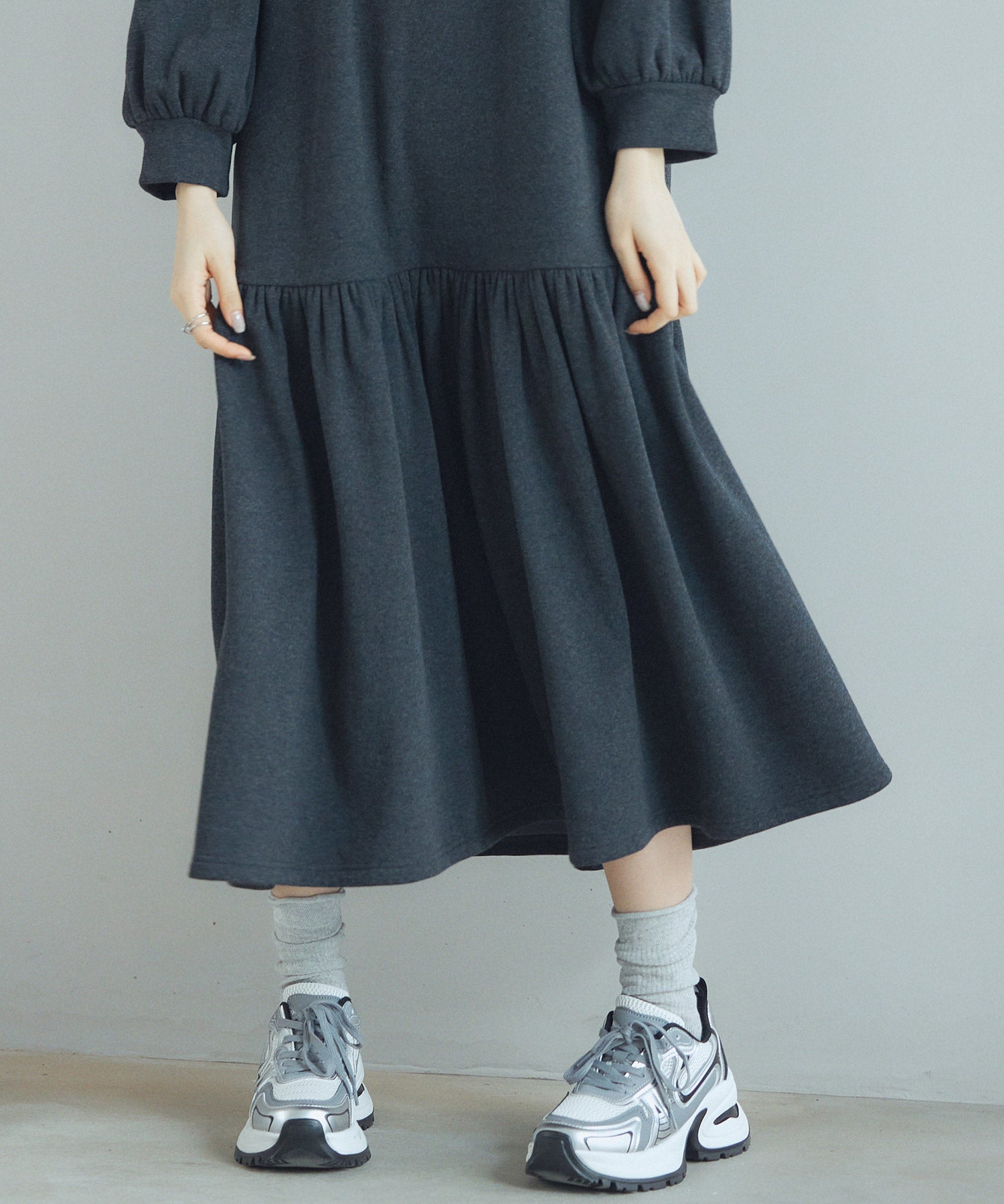 裏起毛カットソーギャザーワンピースsdp0245 チャコール