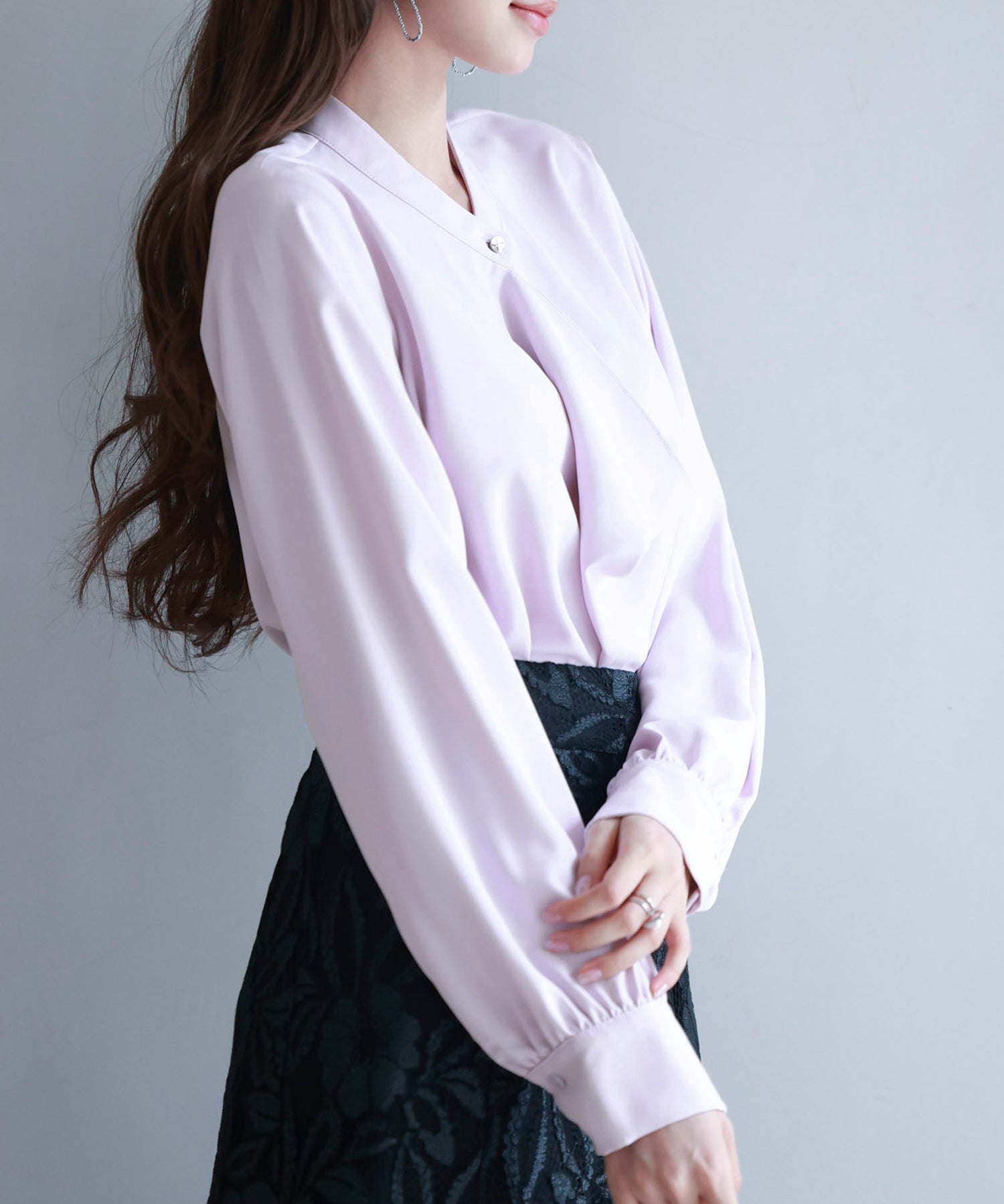 とろみ生地フリル金ボタンブラウスsdp0249 ラベンダー