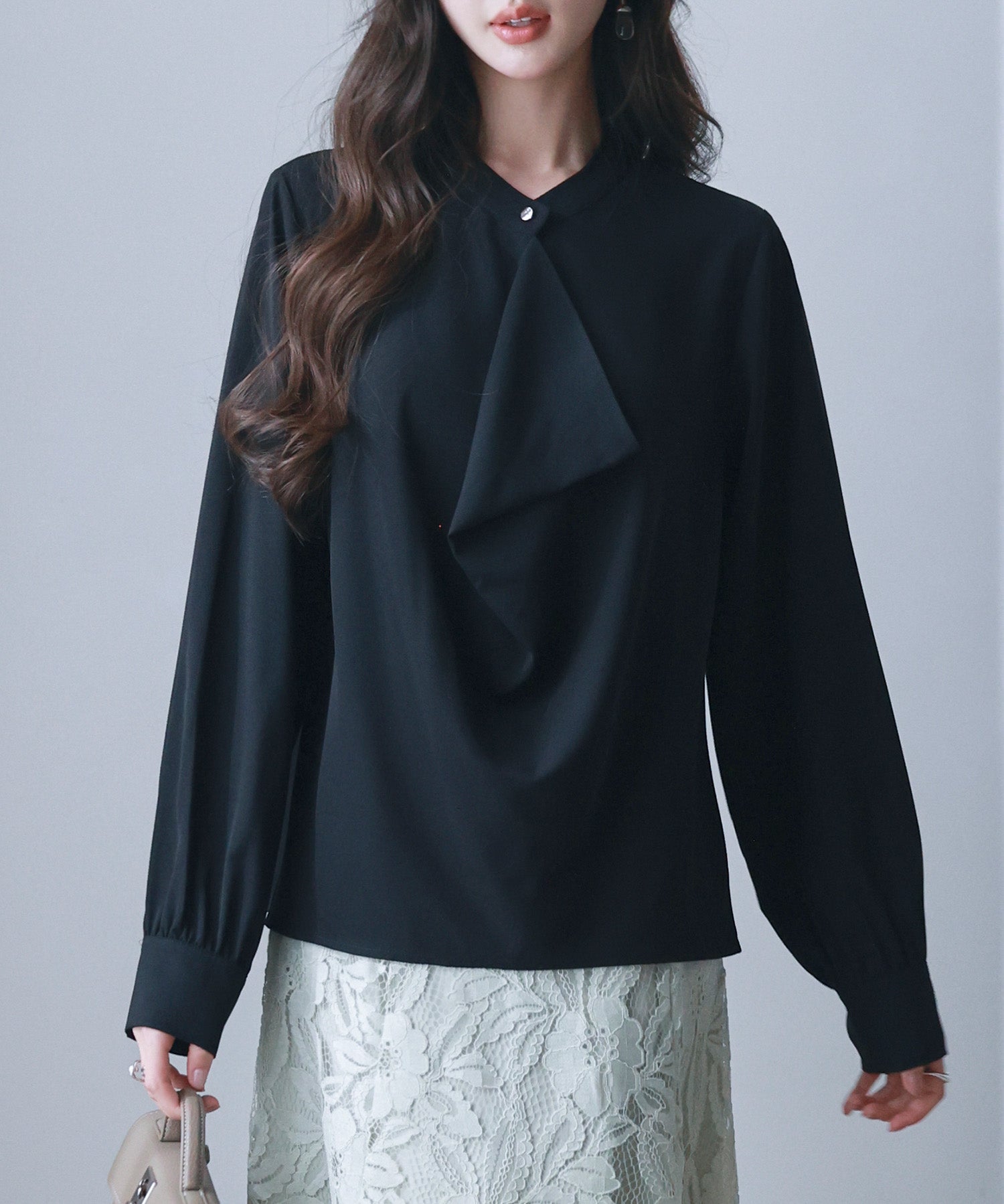 とろみ生地フリル金ボタンブラウスsdp0249 ブラック