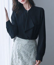 とろみ生地フリル金ボタンブラウスsdp0249 ブラック