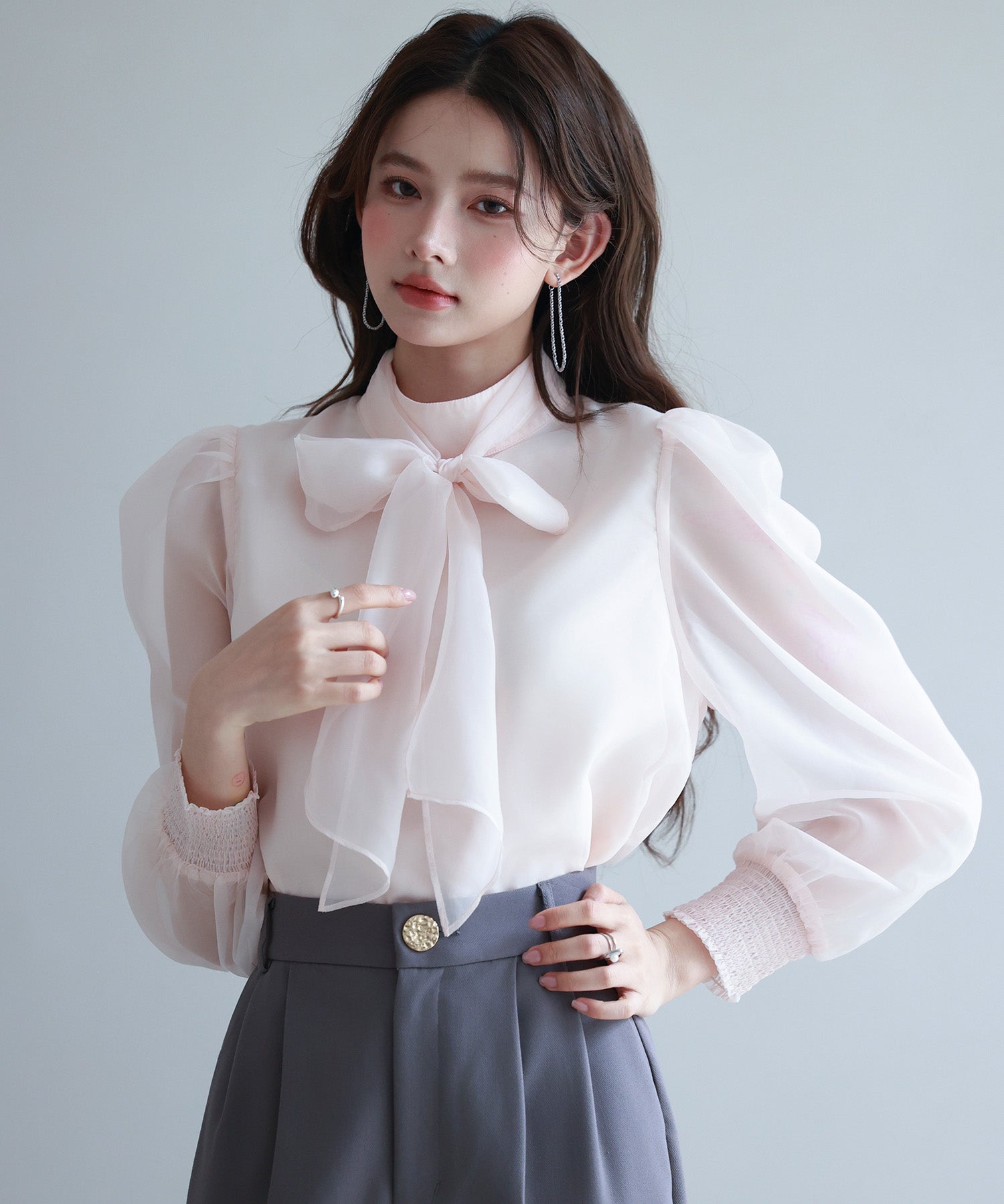 3wayオーガンジー生地リボンブラウスsdp0250 ピンクベージュ