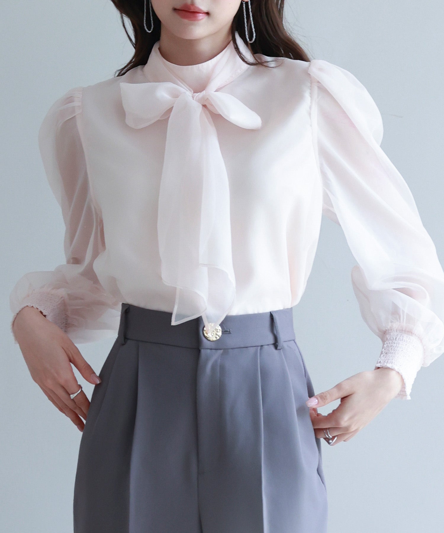 3wayオーガンジー生地リボンブラウスsdp0250 ピンクベージュ