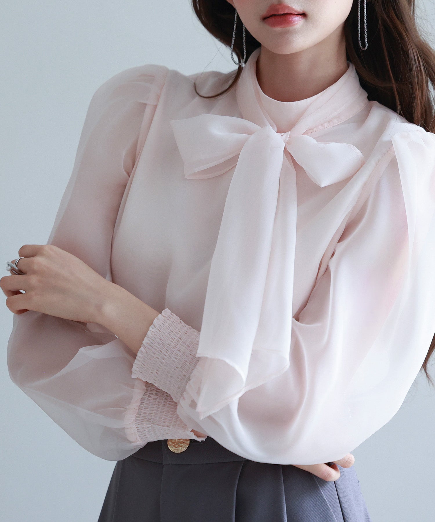 3wayオーガンジー生地リボンブラウスsdp0250 ピンクベージュ