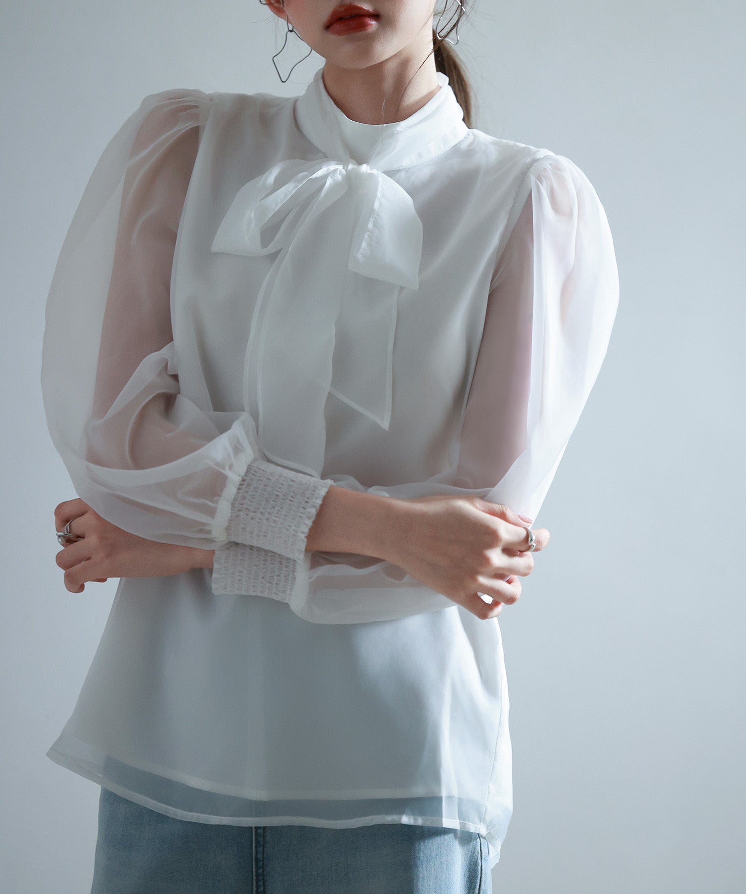 3wayオーガンジー生地リボンブラウスsdp0250 ホワイト