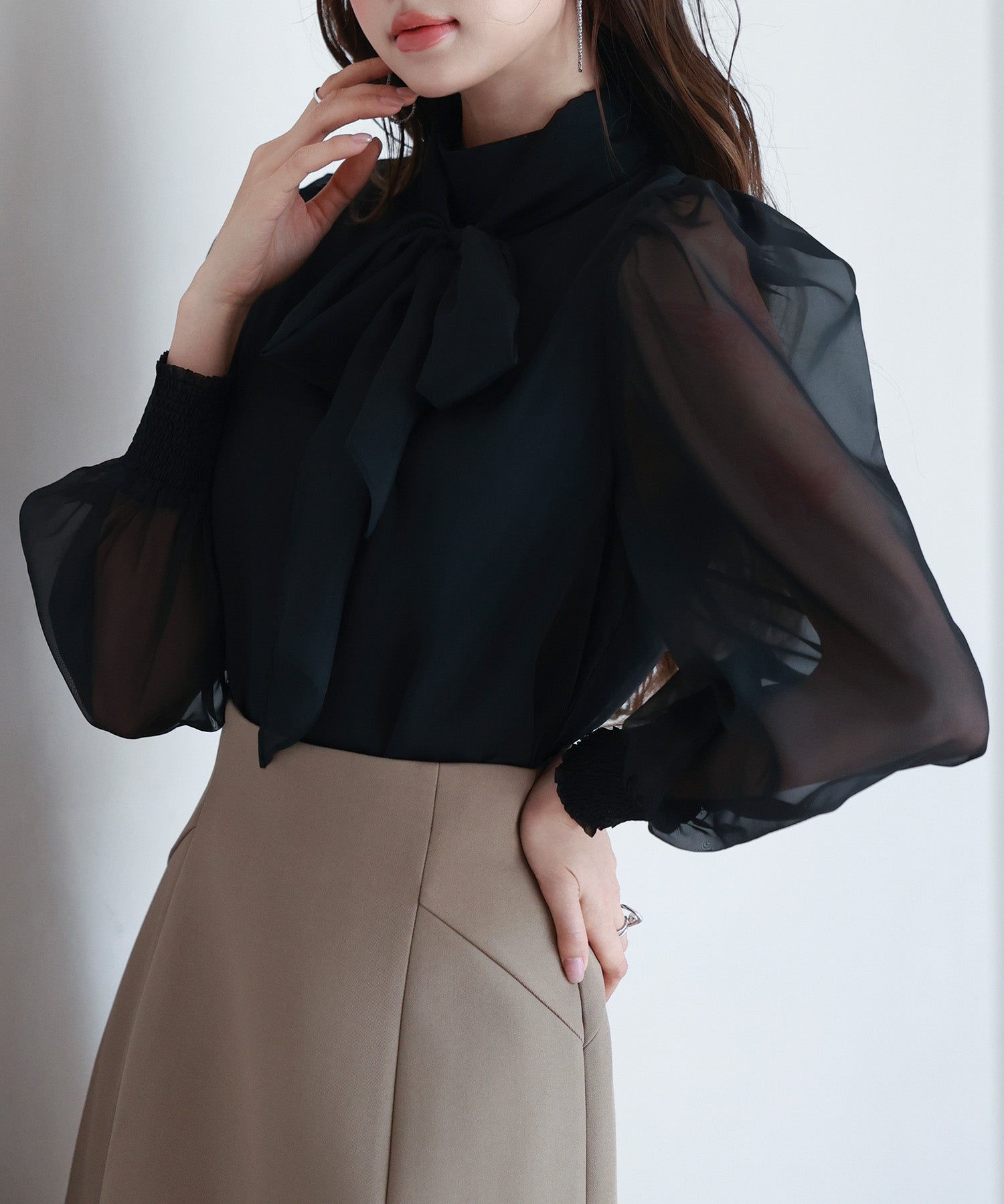 3wayオーガンジー生地リボンブラウスsdp0250 ブラック