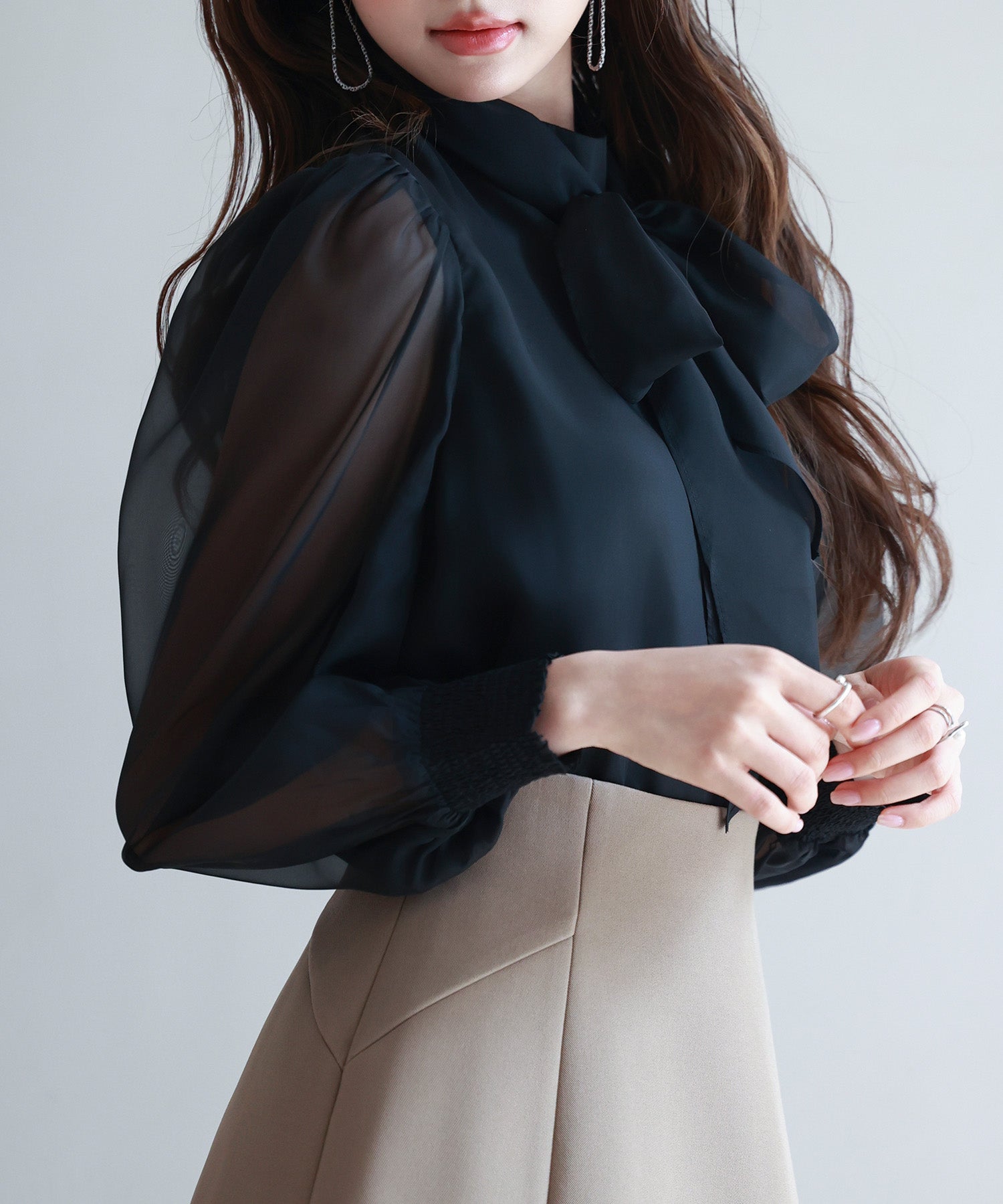 3wayオーガンジー生地リボンブラウスsdp0250 ブラック