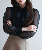 3wayオーガンジー生地リボンブラウスsdp0250 ブラック