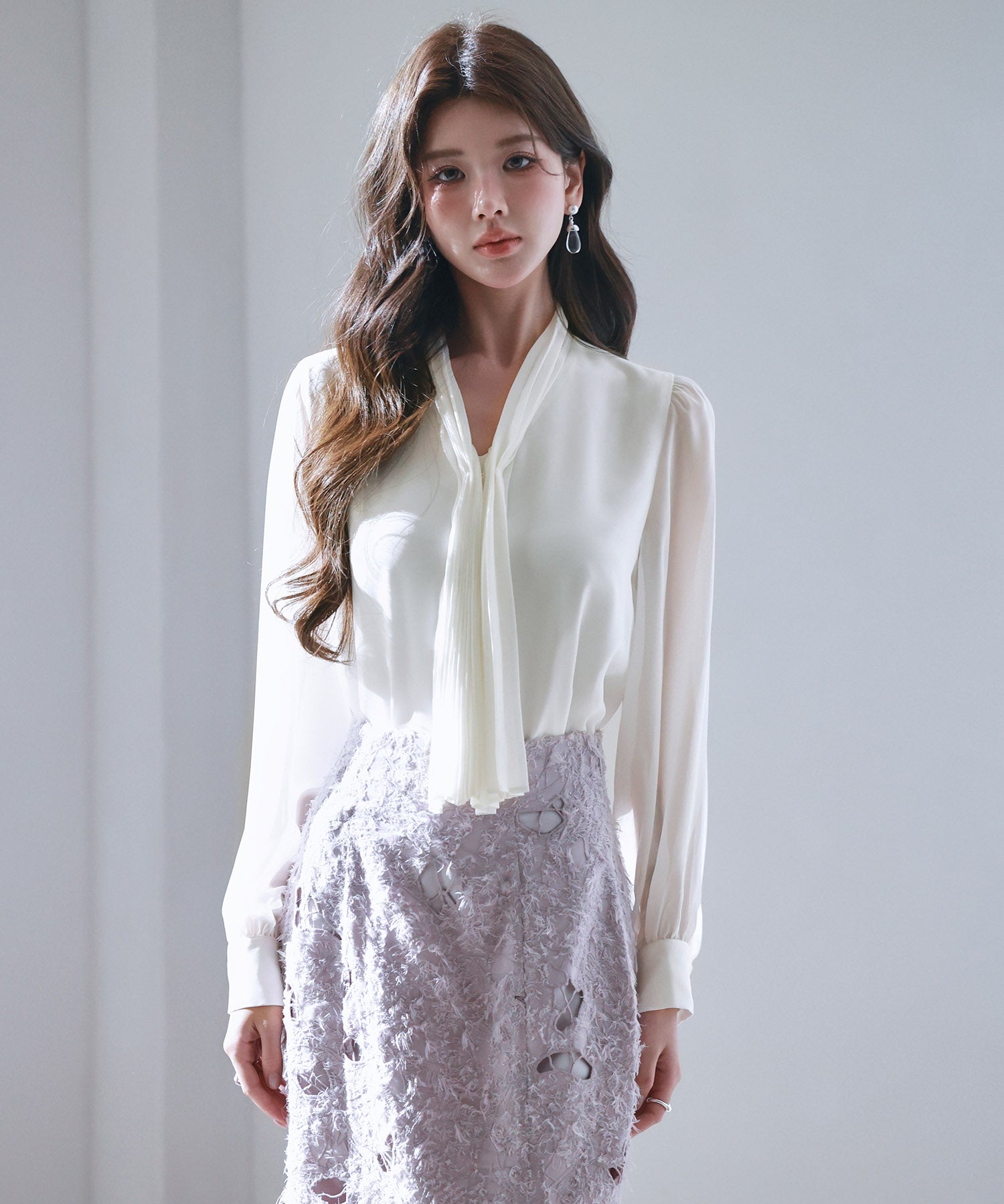 2wayプリーツリボンシフォンブラウスsdp0251 ホワイト