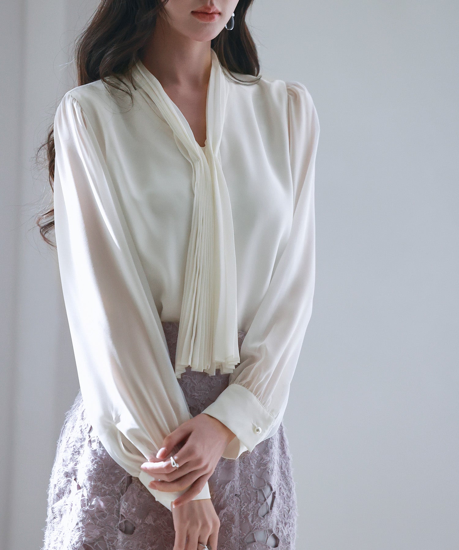 2wayプリーツリボンシフォンブラウスsdp0251 ホワイト