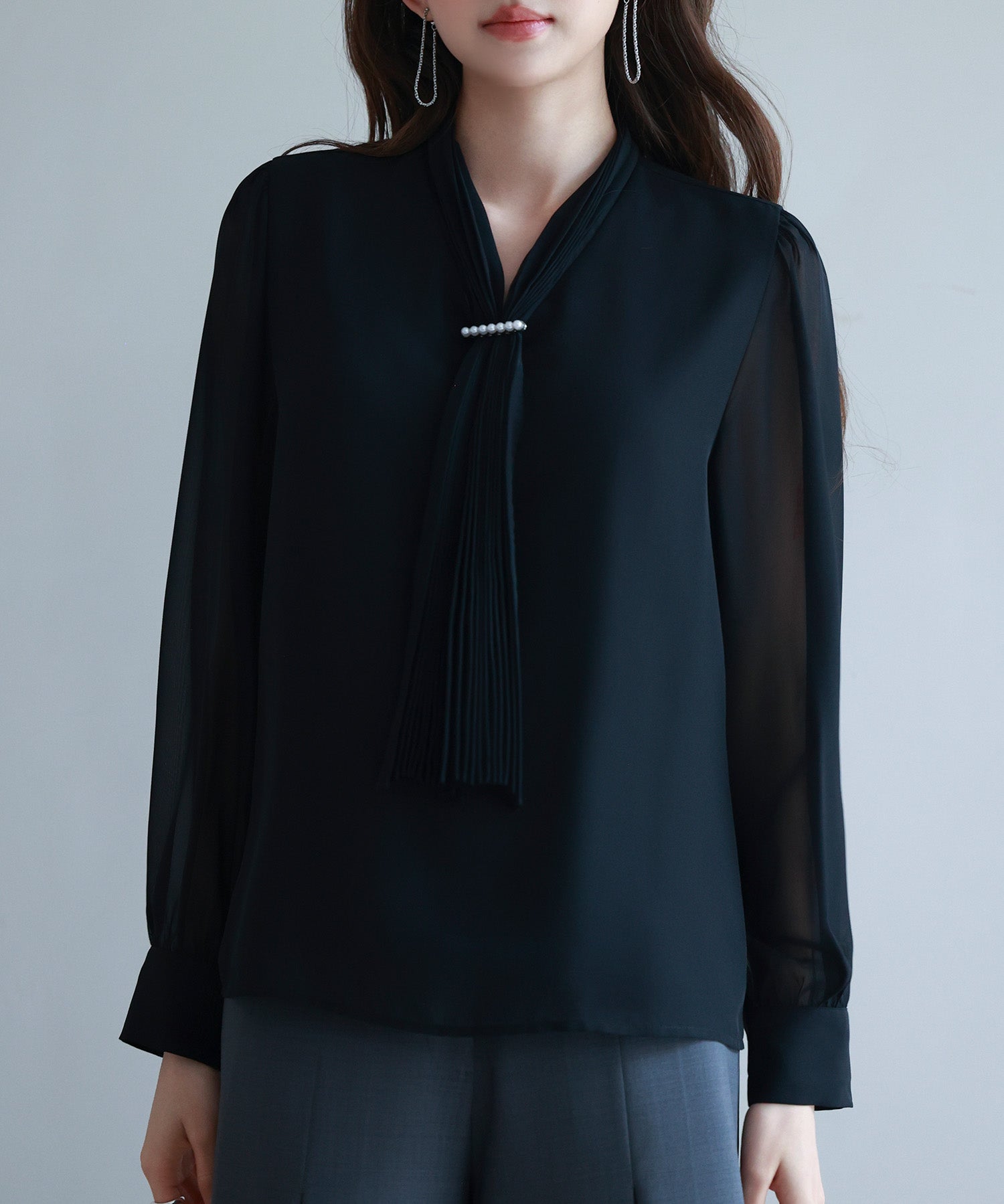 2wayプリーツリボンシフォンブラウスsdp0251 ブラック