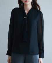 2wayプリーツリボンシフォンブラウスsdp0251 ブラック