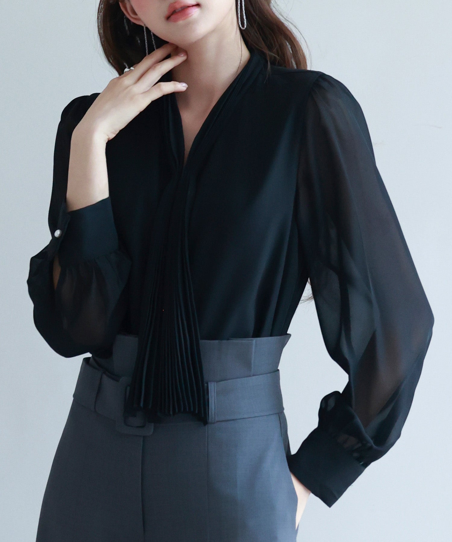 2wayプリーツリボンシフォンブラウスsdp0251 ブラック