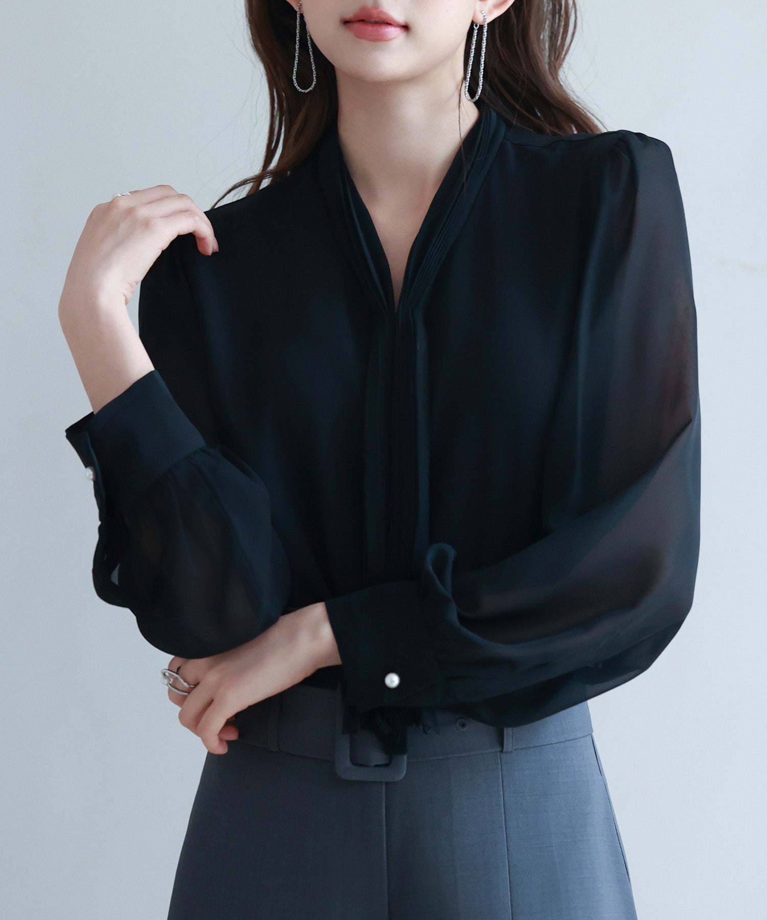 2wayプリーツリボンシフォンブラウスsdp0251 ブラック