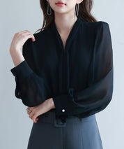 2wayプリーツリボンシフォンブラウスsdp0251 ブラック