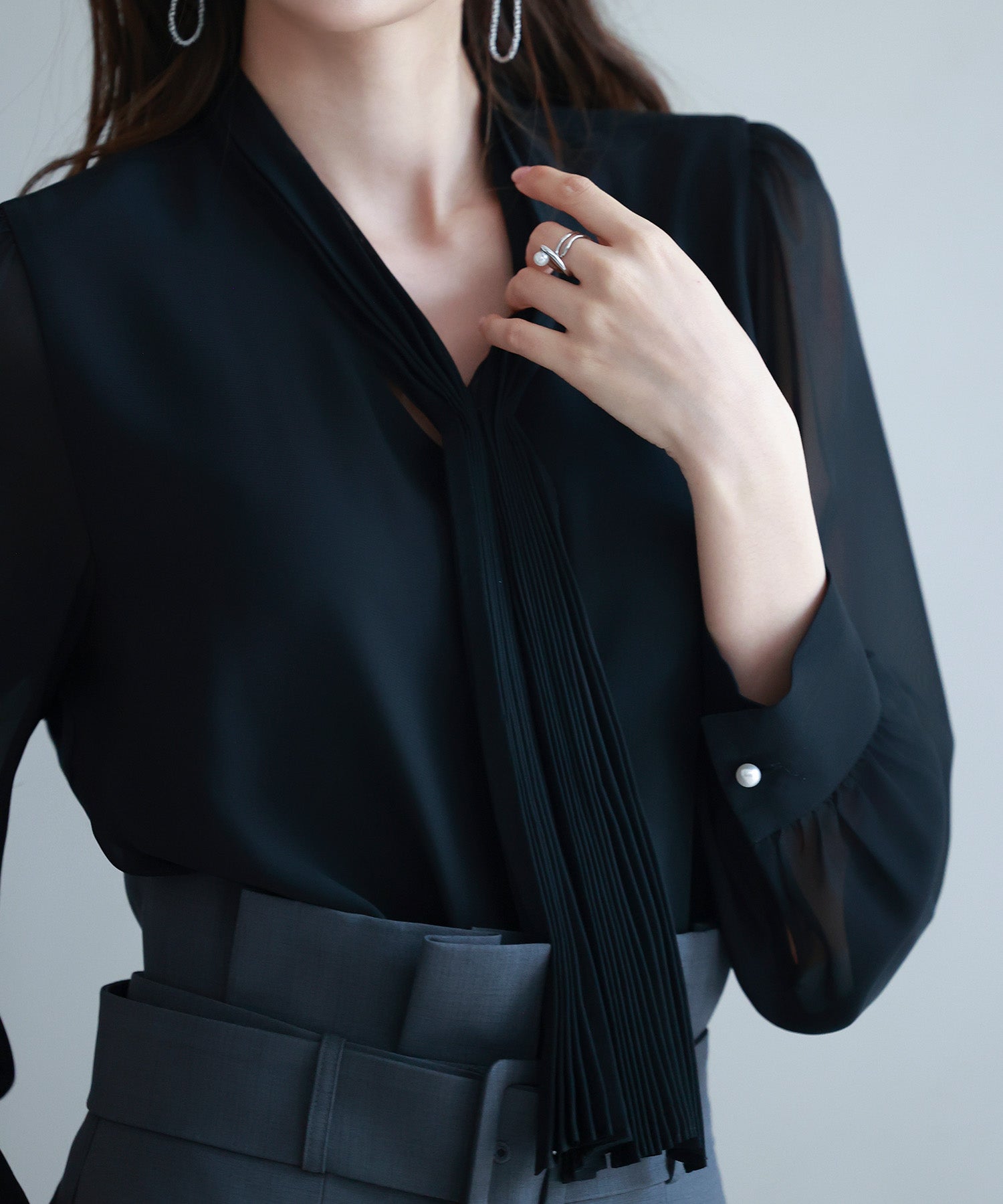 2wayプリーツリボンシフォンブラウスsdp0251 ブラック