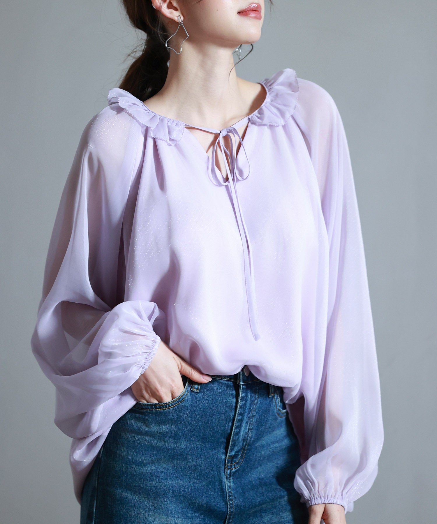 フリルネックリボンシフォンブラウスsdp0253 ラベンダー