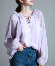フリルネックリボンシフォンブラウスsdp0253 ラベンダー