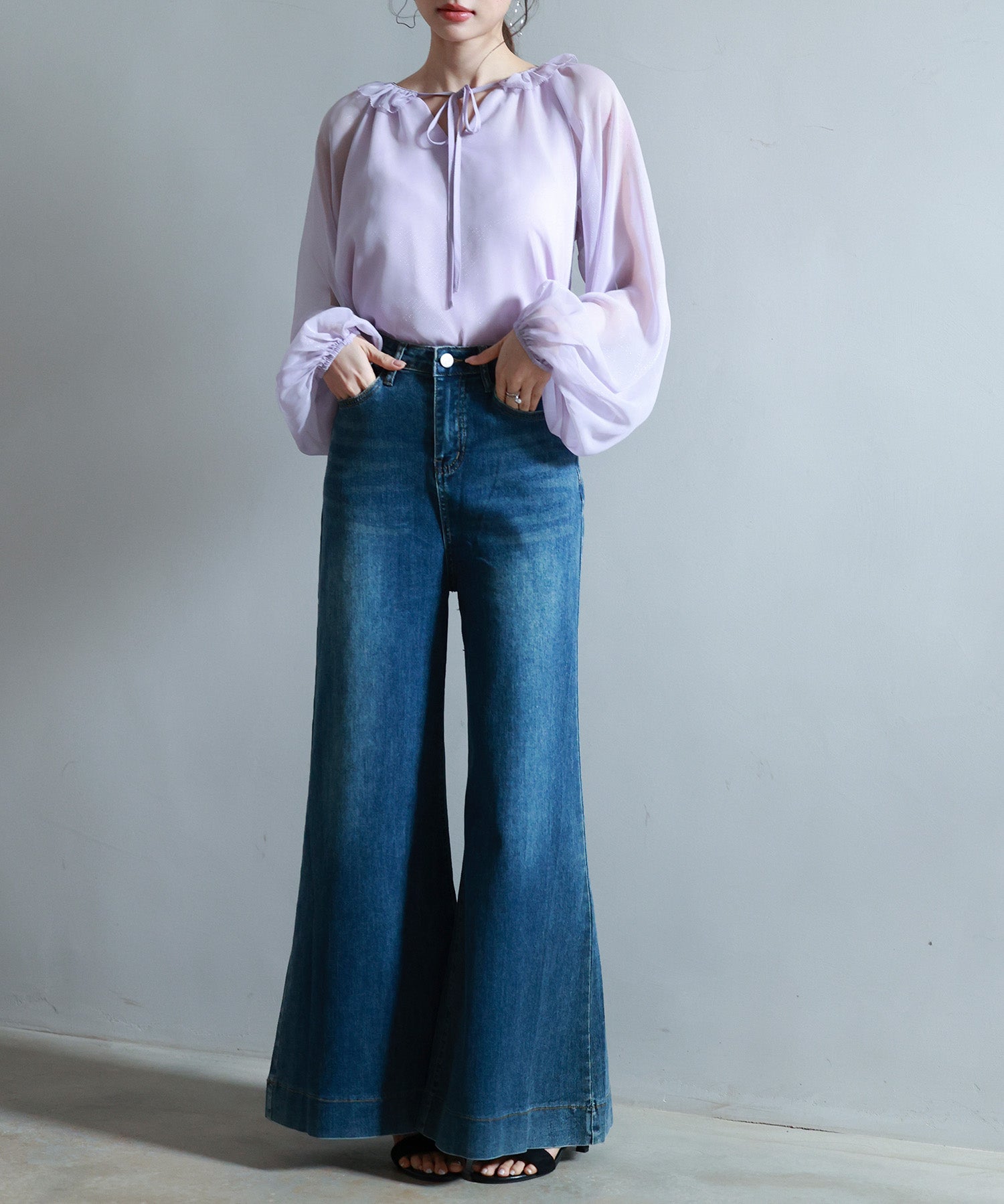 フリルネックリボンシフォンブラウスsdp0253 ラベンダー