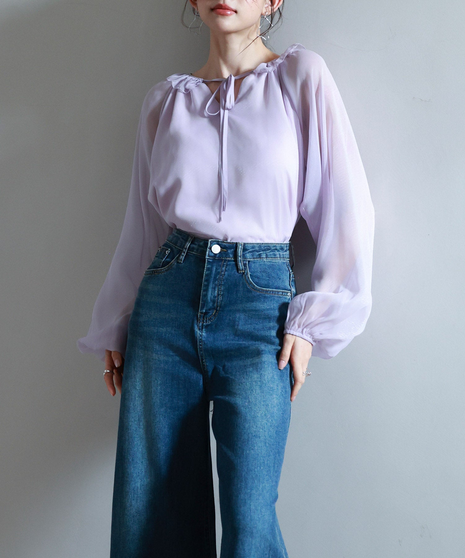 フリルネックリボンシフォンブラウスsdp0253 ラベンダー