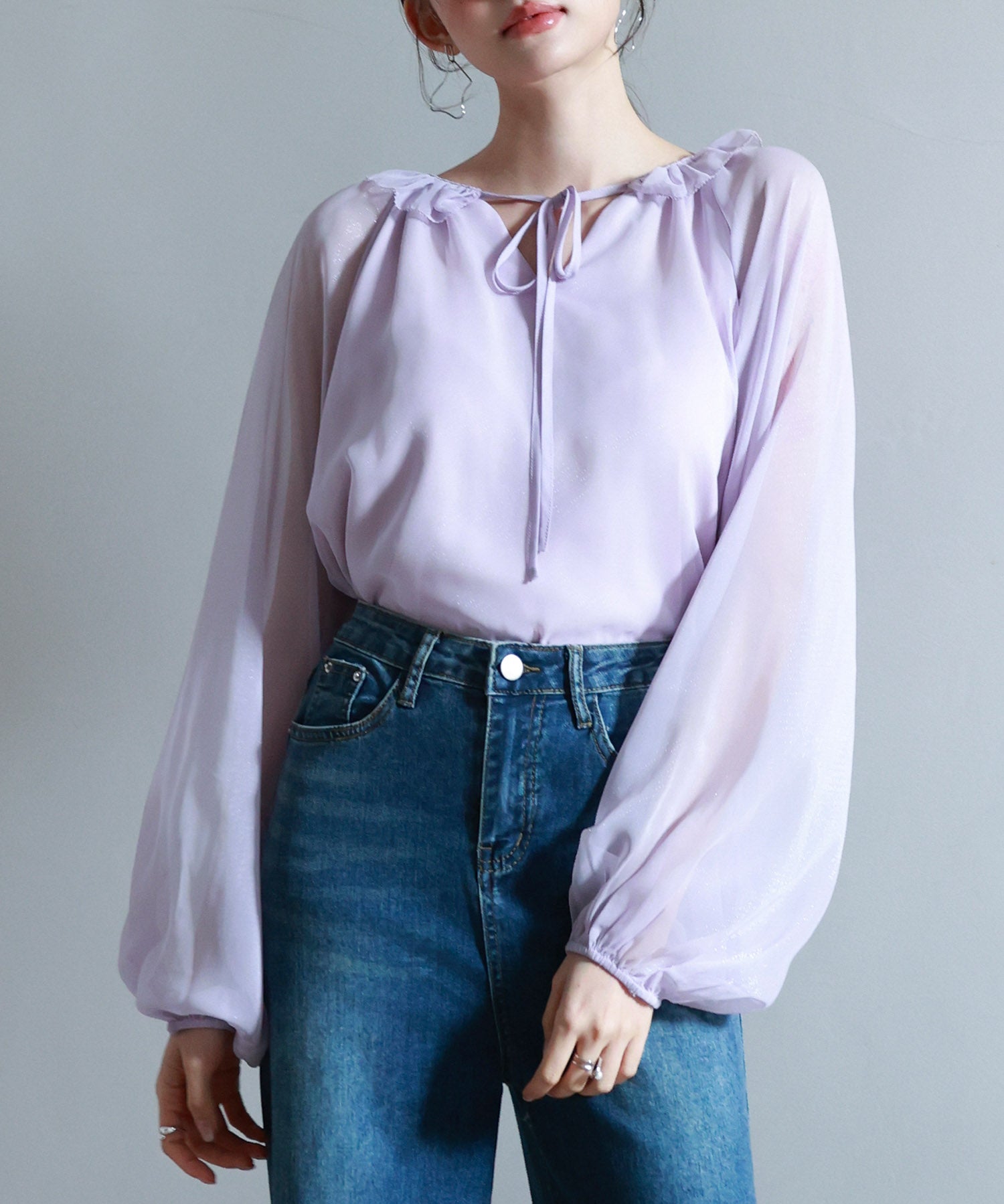 フリルネックリボンシフォンブラウスsdp0253 ラベンダー