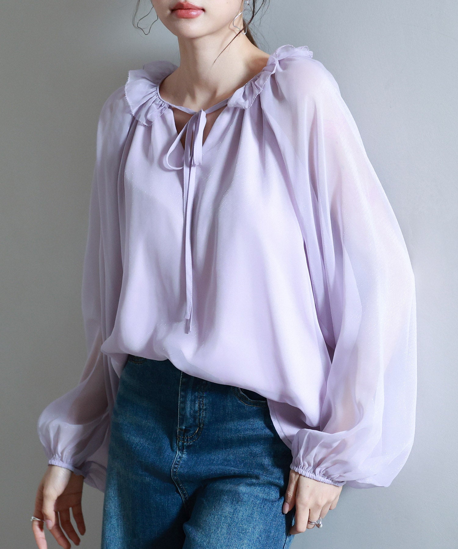 フリルネックリボンシフォンブラウスsdp0253 ラベンダー