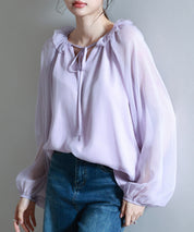 フリルネックリボンシフォンブラウスsdp0253 ラベンダー